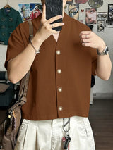 Men's Solid Color V-Neck Short Sleeve Shirt SKUL55448