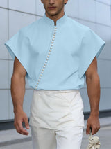 Men's Avant-Garde Asymmetrical Pearl Button Mandarin Collar Sculptural Shirt SKUL57186