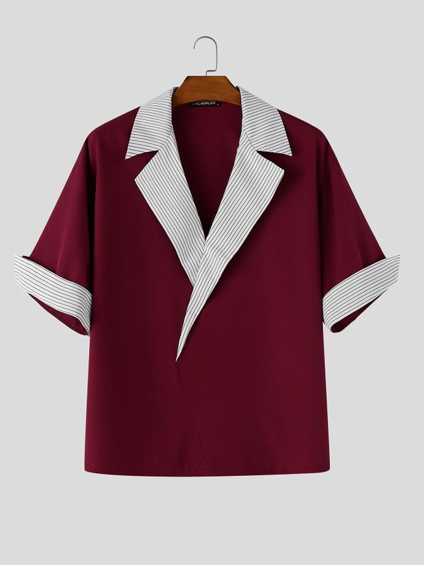 Men's Avant-Garde Contrast Stripe Oversized Notched Lapel Short Sleeve Shirt SKUL60167