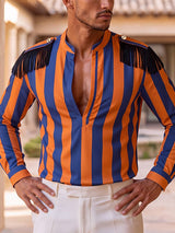 Men's Retro Theatrical Deep-V Fringe Epaulet Bold Striped Shirt SKUL79523
