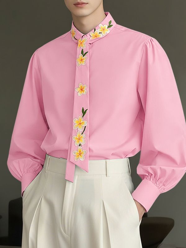 Men's Floral Printed Tie Long Sleeve Shirt SKUL44947
