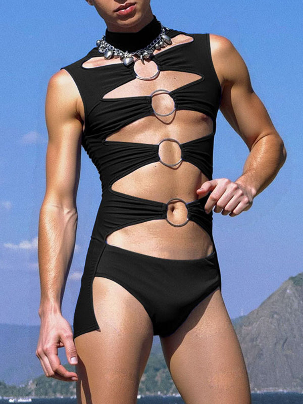 Men's Solid Color Cutout Slim Fit Bodysuit SKUL18647