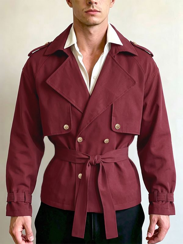 Men's Retro Urban Casual Epaulet Cuff Strap Cinched Waist Structured Twill Long Sleeve Lapel Collar Jacket SKUL78332