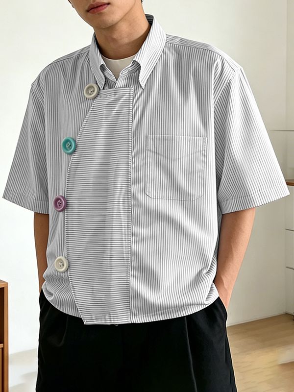 Men's Asymmetrical Striped Patchwork Oversized Colorful Button Shirt SKUL60812