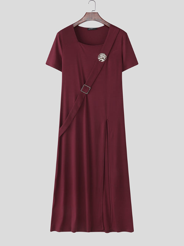 Men's Solid Color Long Split Hem Short Sleeve T-Shirt SKUL20253