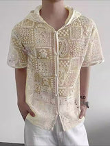 Men's Sheer Lace Hooded Short Sleeve Shirt SKUL26995