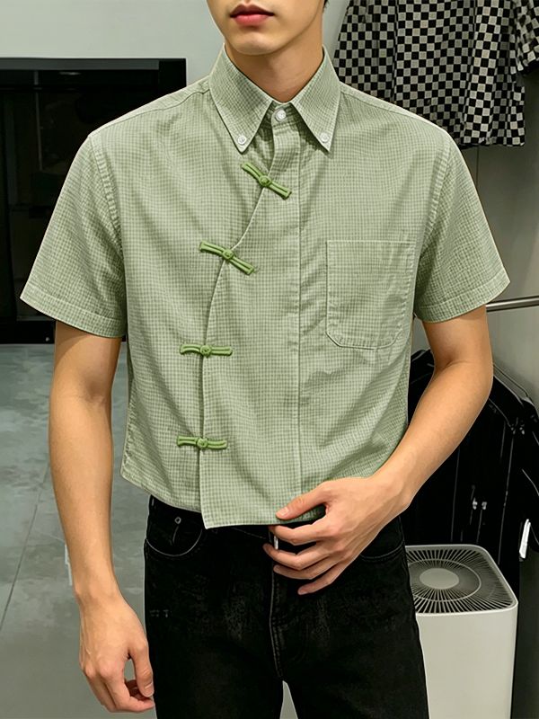 Men's Asymmetric Placket Plaid Frog Button Short Sleeve Shirt SKUL58788