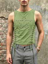 Men's Avant-Garde Y2K Lace-Up Studded Star Cropped Fitted Muscle Tank SKUL63068
