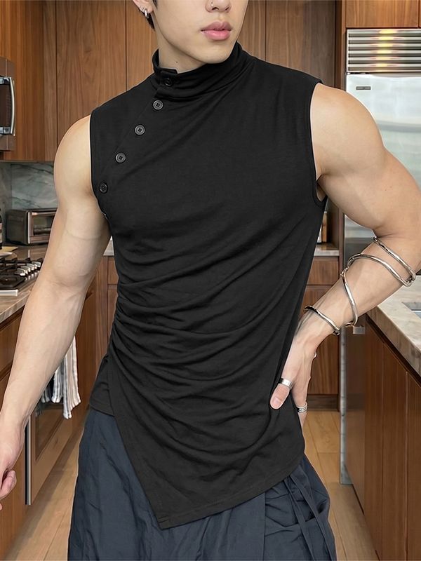 Men's Avant-Garde Asymmetric Slant Button High Neck Crinkled Ruched Tank SKUL67997