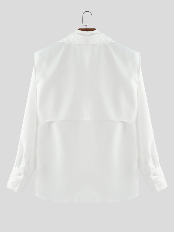 Men's Solid Hollow Fake Two Piece Long Sleeve Shirt SKUL24190