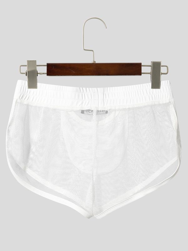 Men's Sexy Lounge Sheer Mesh Contrast Binding Dolphin Hem Bulge Pouch Mini Length Short SKUL83193