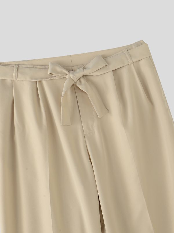 Men's Elegant Minimalist Tie Waist Pleated Draped Wide Leg Pant SKUL68483