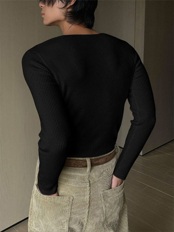 Men's Solid Texture Ribbed Long Sleeve T-Shirt SKUL29521