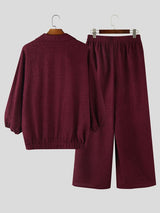 Men's Solid Color Textured V Neck Two Pieces Outfit SKUL54003