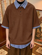 Men's Vintage Japanese Cityboy Aesthetic Fake Two-Piece Plaid Layered Polo Shirt SKUL70203
