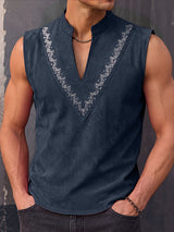 Men's Retro Resort Floral Print Faux Suede Split V-Neck Sleeveless Stand Collar Shirt SKUL78247