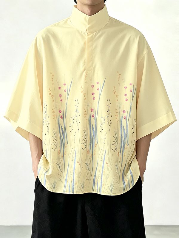 Men's Minimalist Casual Lightweight Floral Print Stand Collar Short Sleeve Shirt SKUL60818