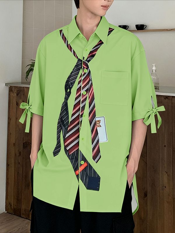 Men's Tie Print Bow Tie Short Sleeve Shirt SKUL39914