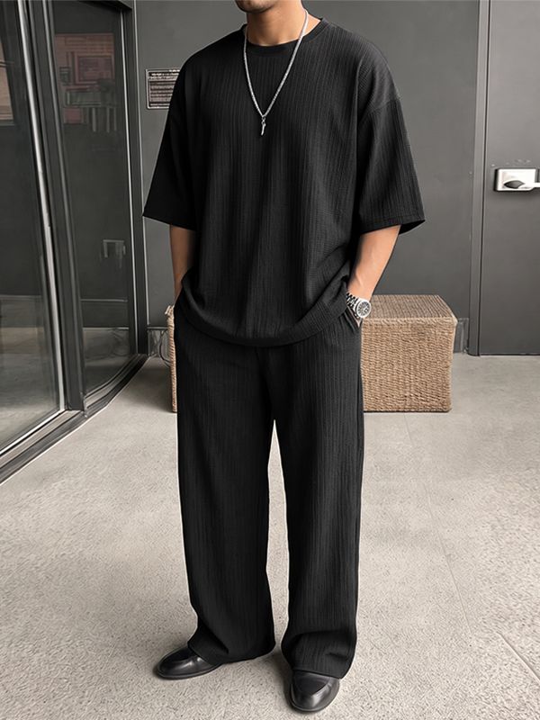 Men's Urban Resort Minimalist Pleated Texture Oversized Two Pieces Outfit SKUL74889