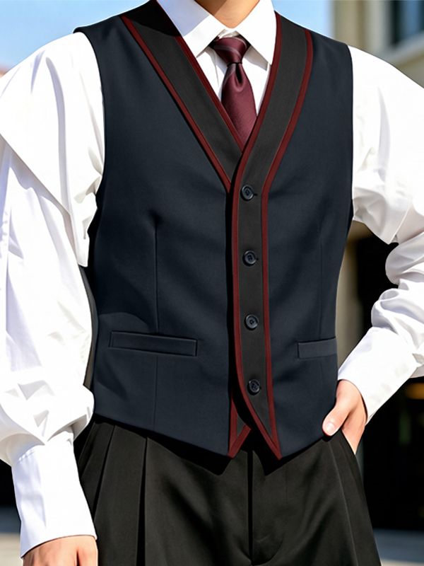 Men's Vintage Gentleman Formal Wedding Contrast Trim V-Neck Waistcoat SKUL83505