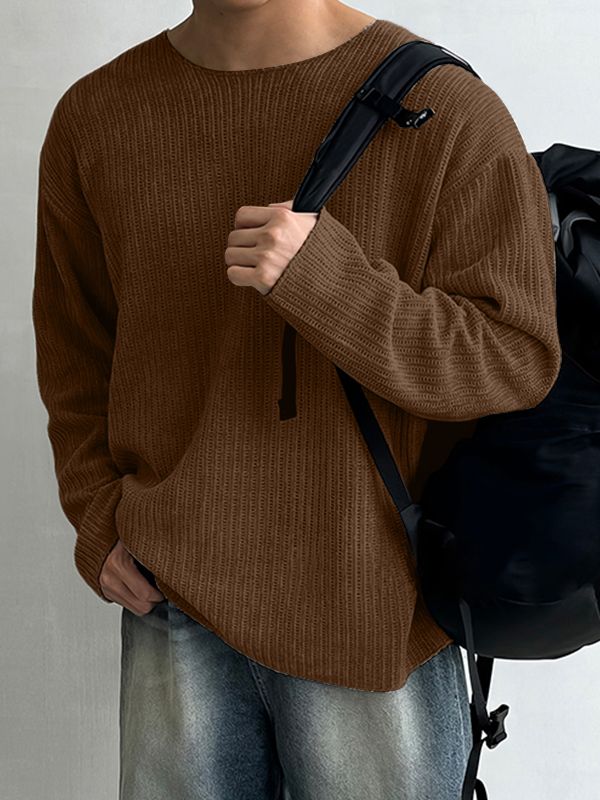 Men's Solid Color Textured Casual Long Sleeve T-Shirt SKUL38540