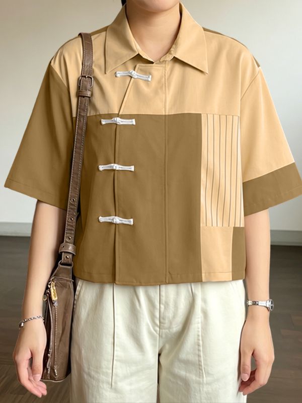 Men's Modern Chinese Turn-Down Collar Frog Button Color-Block Cropped Short Sleeve Shirt SKUL62114