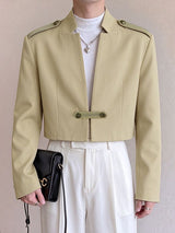 Men's Avant-Garde Deconstructed Stage Runway Epaulet Shoulder connected Metallic Button Cropped Blazer SKUL85222