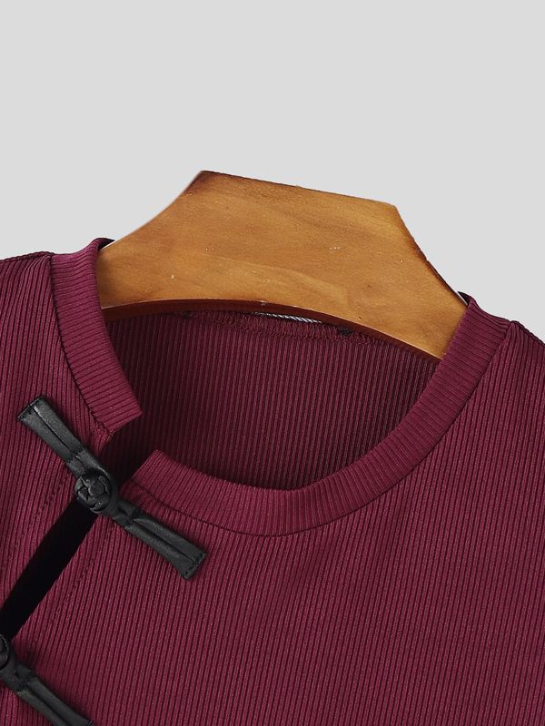 Men's Solid Color Knit Frog Button Short Sleeve T-shirt SKUL58738