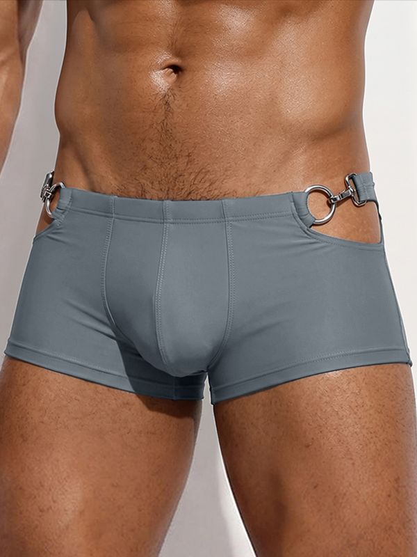 Men's Sexy Avant-Garde Beach Pool Metal O-Ring Hollow Side Low-Rise Swim Trunk SKUL83108
