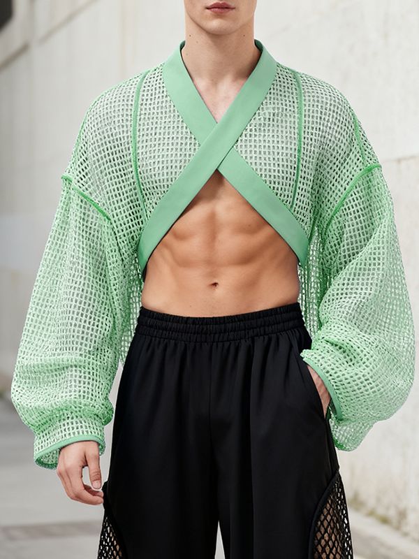 Men's Hollow Mesh Cropped Long Sleeve T-shirt SKUL46551