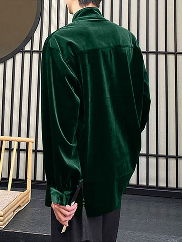 Mens Velvet Stand Collar Long Sleeve Shirt SKUK94840