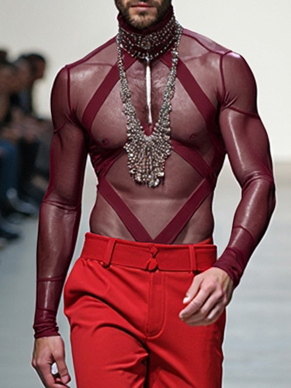 Mens Sheer Patchwork Strap Long-Sleeve Bodysuit SKUK85599