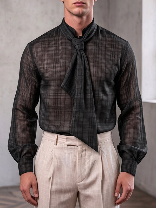 Men's Retro Party Integrated Ascot Scarf Crinkle Long Sleeve Shirt SKUL81103