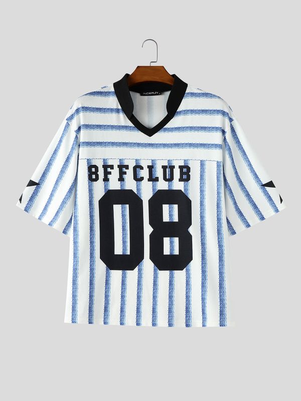 Men's American Streetwear Blokecore Striped Number Print Contrast Dropped Shoulder Short Sleeve Shirt SKUL69691