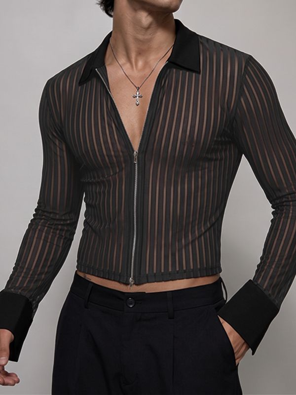 Men's Avant-Garde Sheer Striped Zip-Up Cropped Long Sleeve Shirt SKUL78346