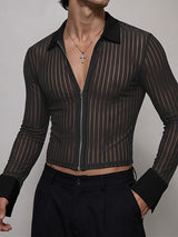 Men's Avant-Garde Sheer Striped Zip-Up Cropped Long Sleeve Shirt SKUL78346