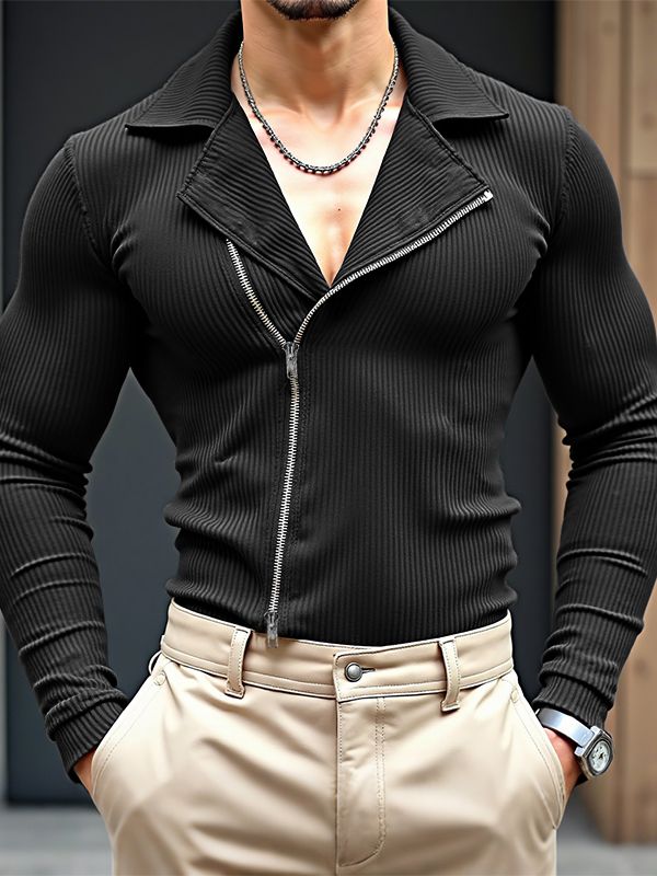 Men's Knitted Texture Lapel Double Zip Long Sleeve Cardigan SKUL35091