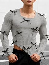 Men's Small Bow Patchwork Design Knit Textured Long Sleeve T-shirt SKUL43733