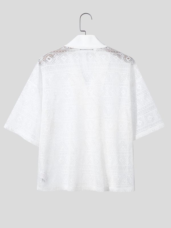 Men's Solid Color Lace Asymmetric Placket Half Sleeve Shirt SKUL56292