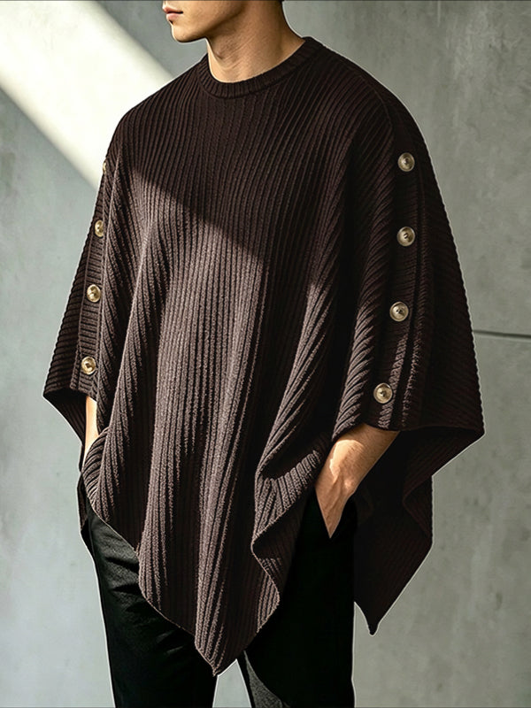 Men's Avant-Garde High Street Pointed Hem Side Button Ribbed Half Sleeve Round Neck Cloak SKUL81150