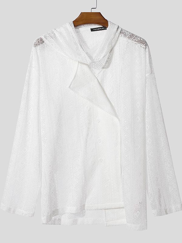 Men's Deconstructed Solid Color Textured Long Sleeve Shirt SKUL36653