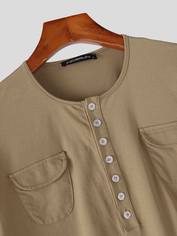 Men's Urban Casual Utility Deep-Henley Multi-Button Short Sleeve T-shirt SKUL75690