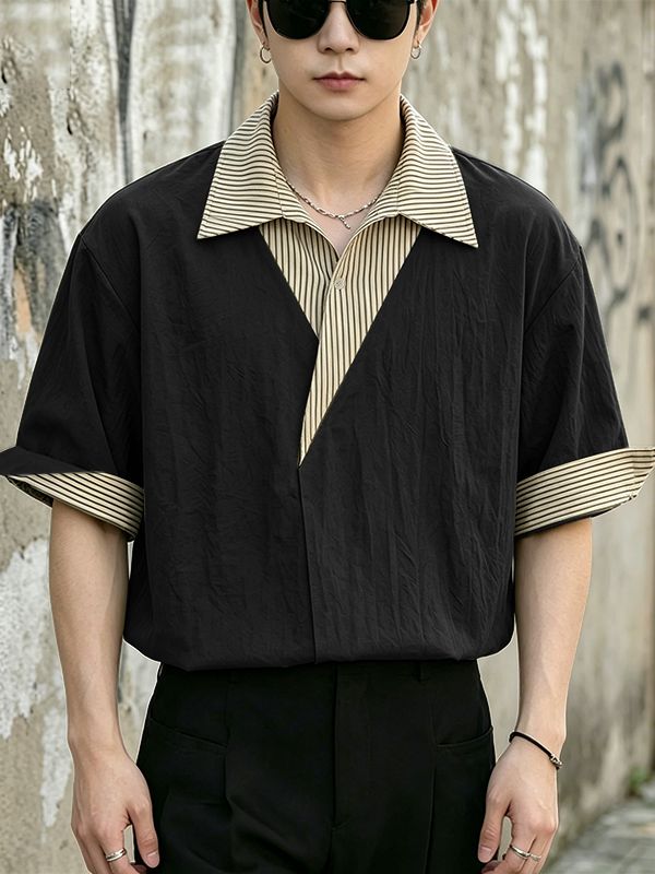 Men's Modern City Boy Relaxed Faux-Layered Asymmetrical Pinstripe Patchwork Shirt SKUL60214
