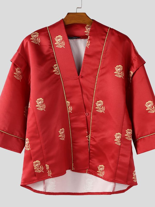 Men's Deconstructed Rose Print Half Sleeve Cardigan SKUL36314