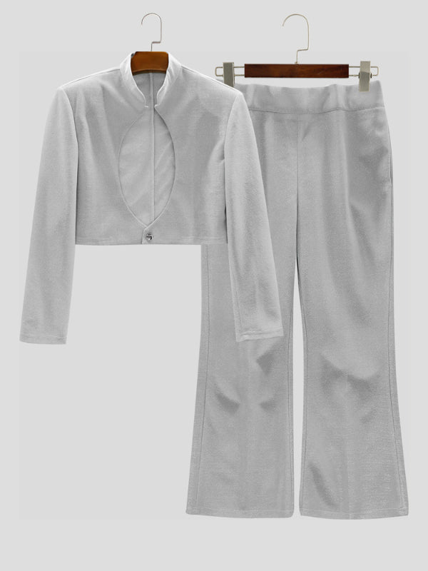 Men's Shiny Cropped Stand Collar Two Pieces Outfit SKUL25739