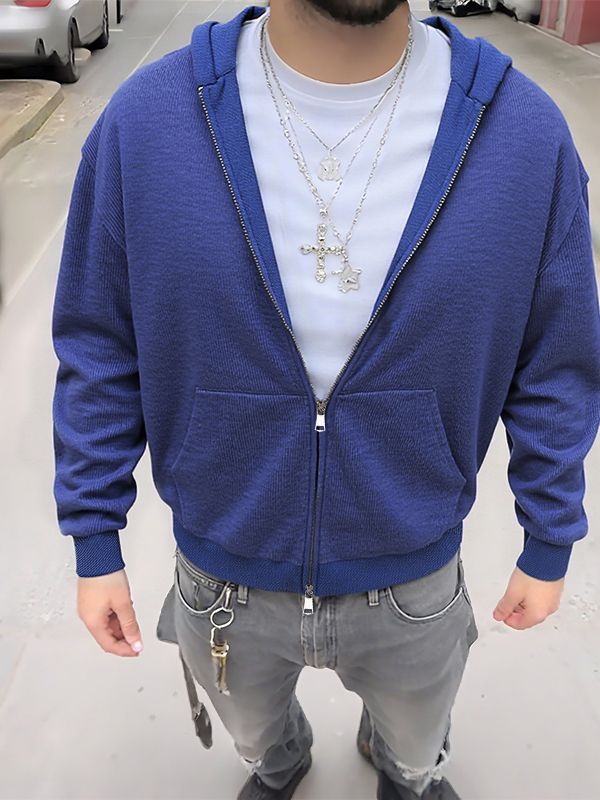 Men's Solid Color Textured Hooded Long Sleeve Sweater SKUL30571