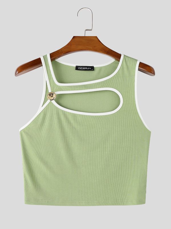 Men's Avant-Garde Genderless Contrast Binding Metal Button Chest Cutout Cropped Fitted Tank SKUL72439