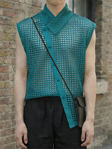 Men's Asymmetrical Diagonal Button Mesh Shirt SKUL60737