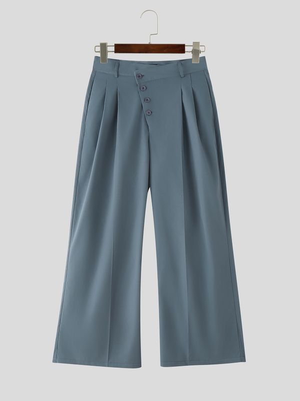 Men's Solid Color Asymmetric Placket Button Casual Pant SKUL60109