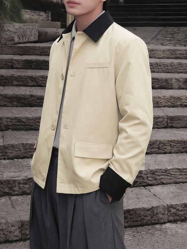 Men's Clean Fit Smart Casual Contrast Collar Flap Pocket Turn-Down Collar Work Jacket SKUL76472